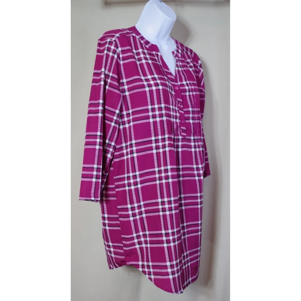 CW Classics Women's Medium Magenta Pink Plaid 3/4 Sleeve Tunic Blouse